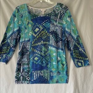 Chico's Blue Green Abstract Print 3/4 Sleeve Cotton Rayon Blend Size 2